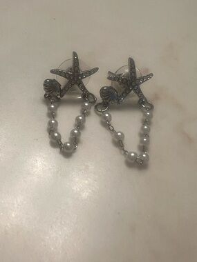 Starfish Pearl Chain Drop Earrings - Silver Tone